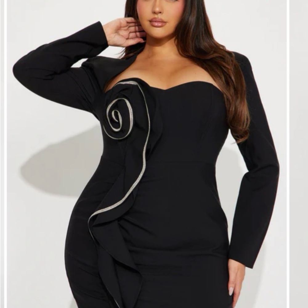 Fashion Nova Black Off-Shoulder Long Sleeve Ruffle Dress